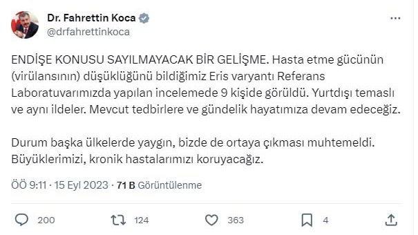 Minister Koca: Eris variant was seen in 9 people