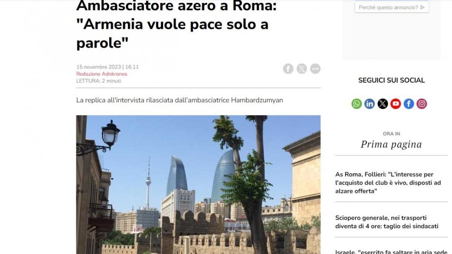 Azərbaycan səfiri İtaliya nəşrində erməni yalanlarını ifşa edib