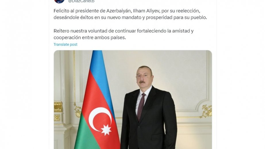 Kuba Prezidenti Migel Dias-Kanel Bermudes Prezident İlham Əliyevi seçkilərdə qələbəsi münasibətilə təbrik edib