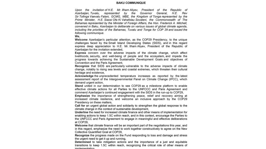 Tuvalunun general-qubernatoru, Tonqa Krallığının Baş naziri və Baham Adaları Birliyinin xarici işlər naziri Bakı Kommünikesini qəbul ediblər