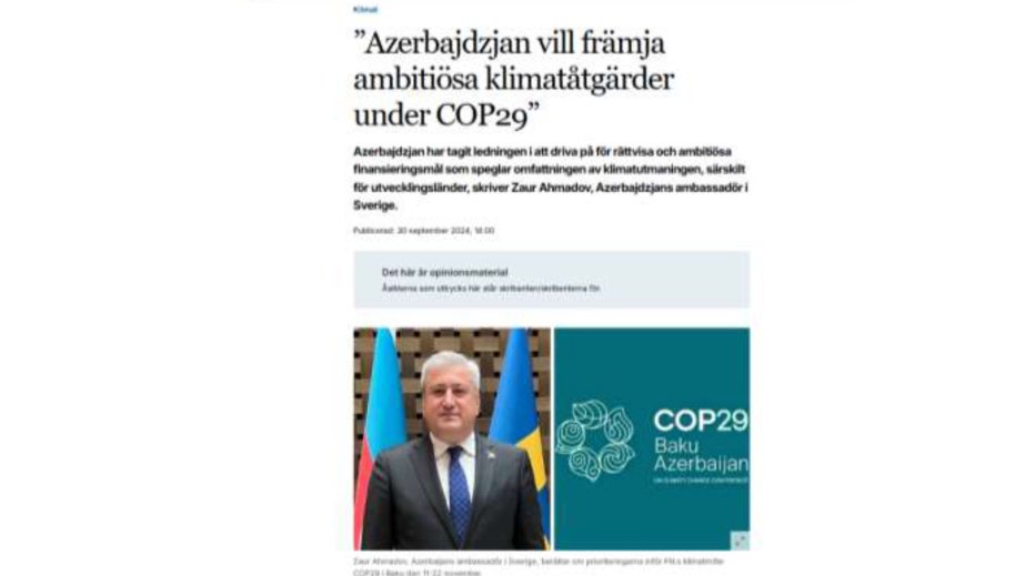 İsveçin “Aktuell Hållbarhet” qəzetində COP29 haqqında məqalə dərc olunub