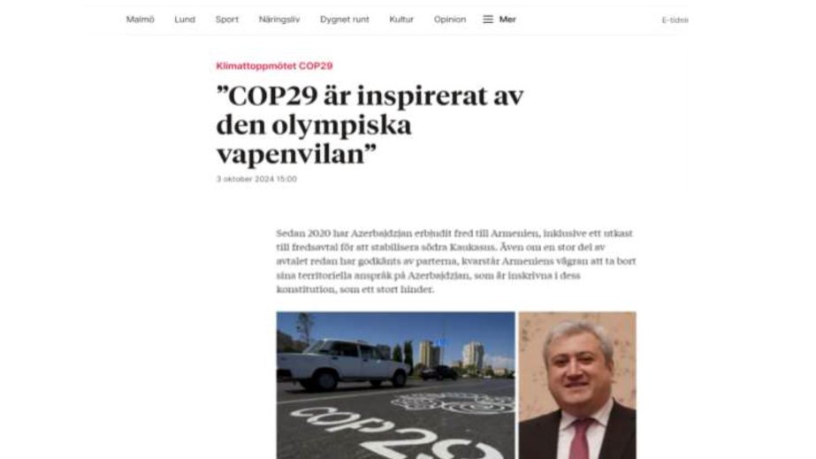 İsveç mətbuatı: Azərbaycan COP29-un Sədri kimi iqlim böhranına diqqət yetirməyə çağırış edib