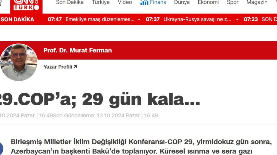 COP29: “CNNTürk”: COP29 qlobal ekoloji gündəliyin formalaşdırılması kontekstində diqqətəlayiqdir