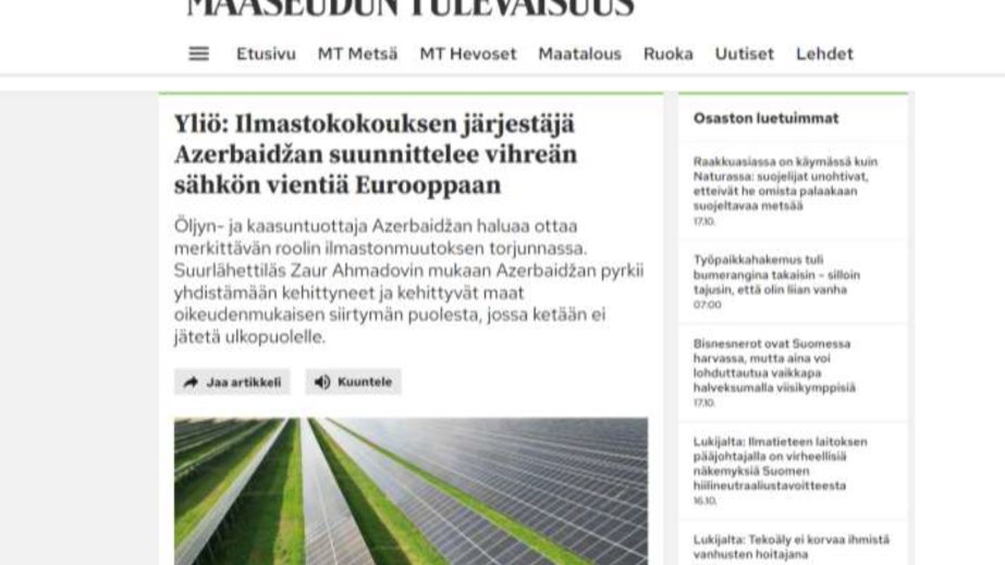 Finlandiya nəşrində Azərbaycan səfirinin COP29-da təşəbbüslər haqqında məqaləsi dərc edilib
