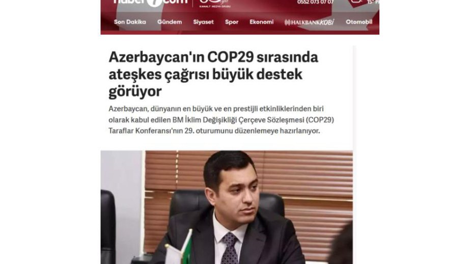 Türkiyə telekanalı: Azərbaycanın COP29 vaxtı barışıq təşəbbüsü dünya ictimaiyyəti tərəfindən dəstəklənir
