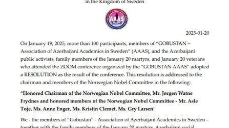 Norveç Nobel Komitəsinə 20 Yanvar faciəsi ilə bağlı bəyanat ünvanlanıb
