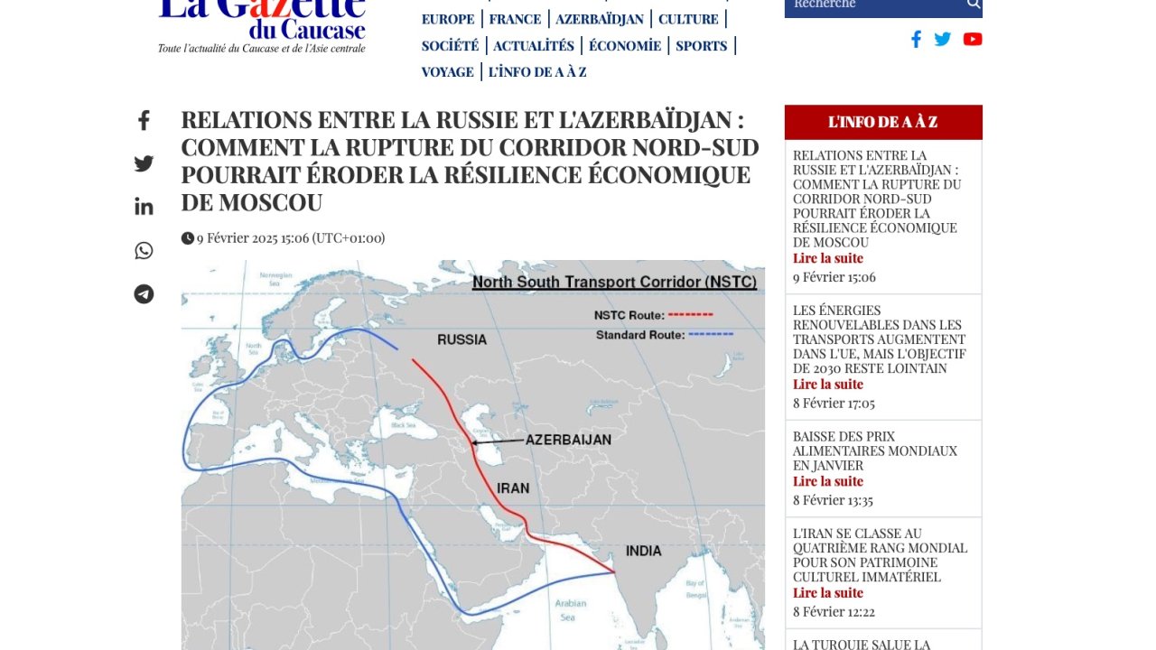 Azərbaycan Rusiya üçün vacib tranzitdir: La Gazette du Caucase Şimal-Cənub dəhlizi haqda