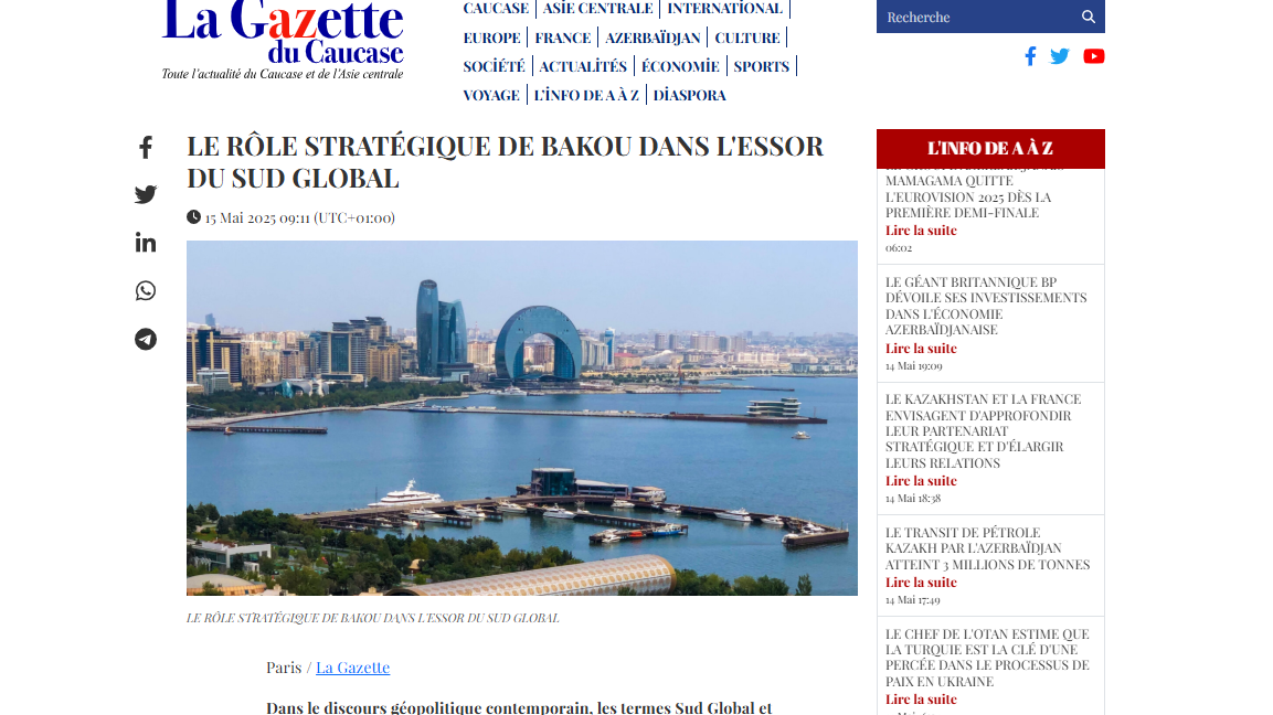 Azərbaycan Qlobal Cənubun strateji tranzit qovşağıdır - "La Gazette du Caucase"