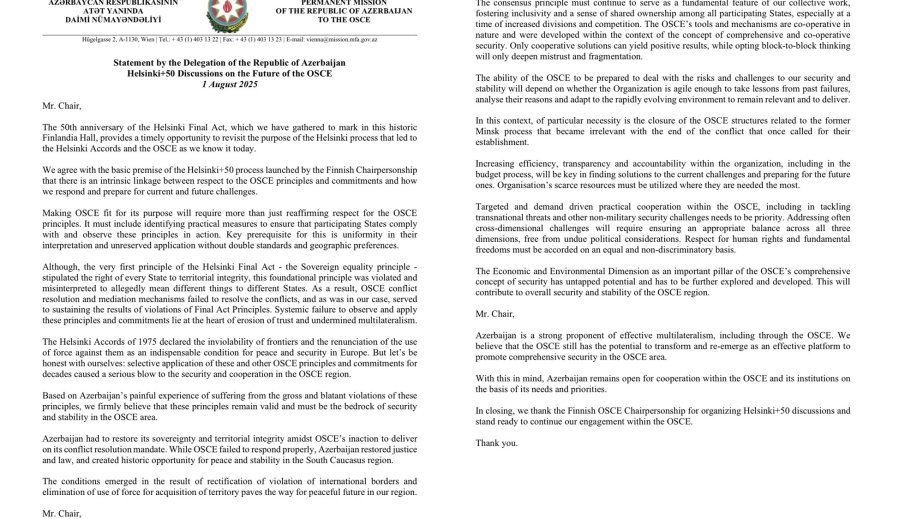 Permanent Representative to OSCE: Azerbaijan created historic opportunity for peace and stability in the South Caucasus region