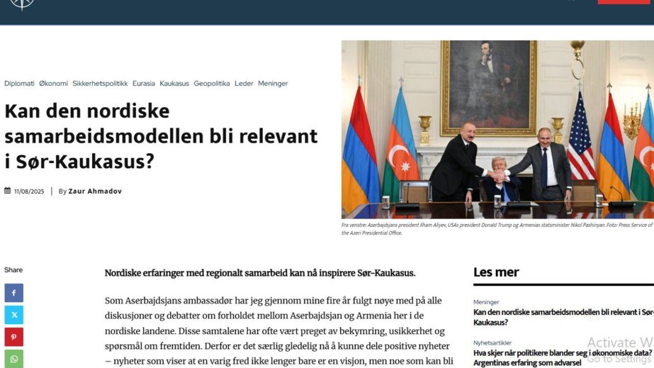 Norveçin “Geopolitika” nəşrində Vaşinqtonda imzalanan sülh sazişi haqqında məqalə dərc olunub