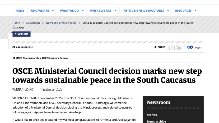OSCE Ministerial Council decision marks new step towards sustainable peace in the South Caucasus