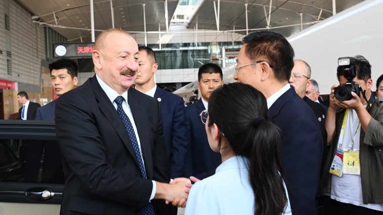 Azerbaijani President Ilham Aliyev arrived in Beijing by train from Chinese city of Tianjin