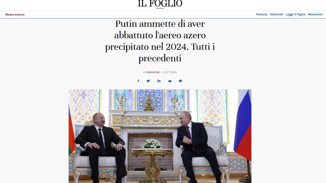 Italian media: Vladimir Putin admits downing of Azerbaijani plane