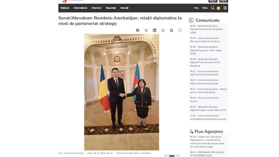 Romanian press highlights Senate President Abrudean’s visit to Azerbaijan