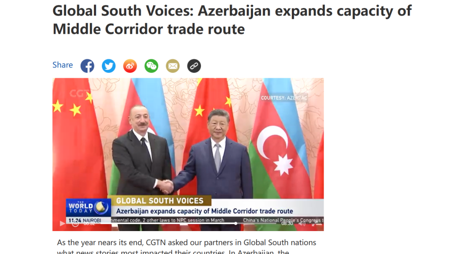 China’s CGTN TV channel broadcast AZERTAC's report on Middle Corridor
