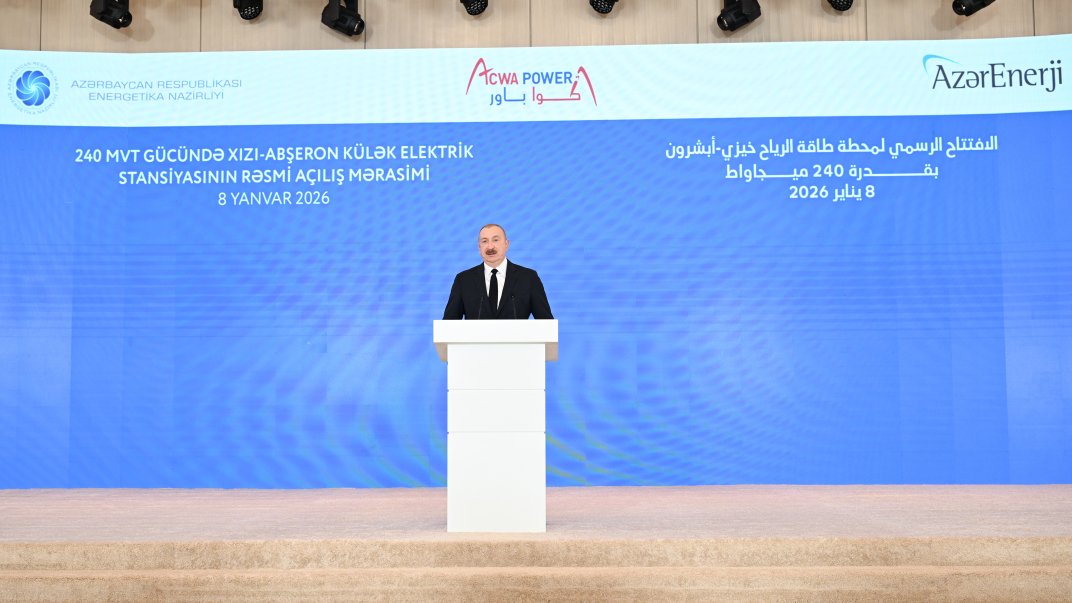 Prezident İlham Əliyev “Xızı-Abşeron” Külək Elektrik Stansiyasının rəsmi açılış mərasimində çıxış edir