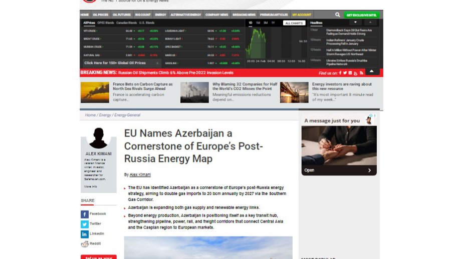 EU names Azerbaijan a cornerstone of Europe’s post-Russia energy map