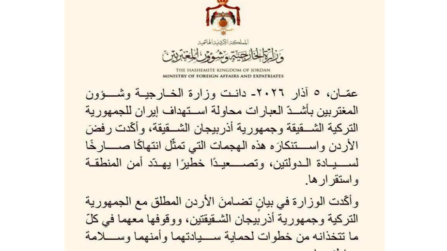 Jordan’s Foreign Ministry strongly condemns Iran’s targeting of Azerbaijan