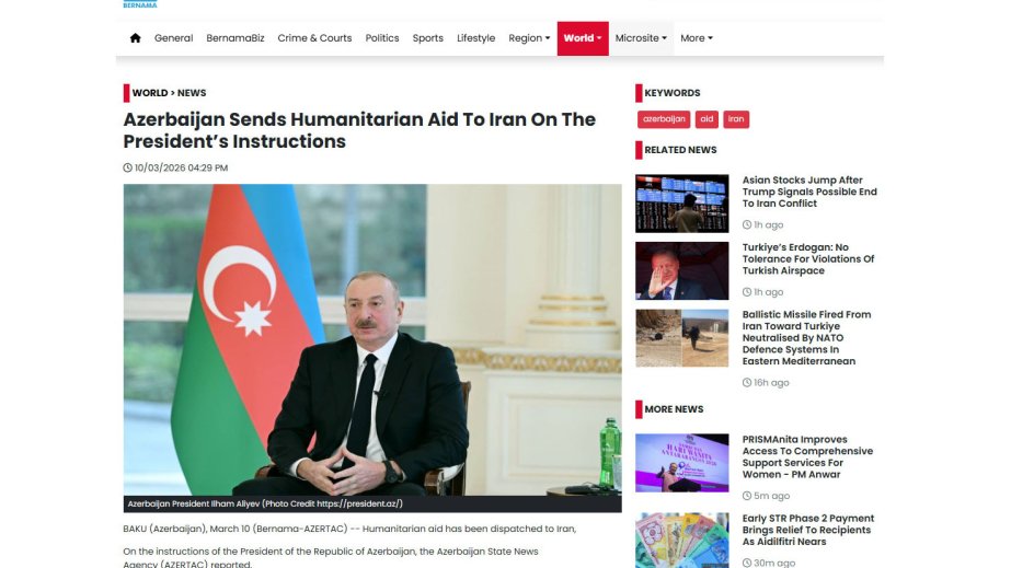 Bernama Azərbaycanın İrana humanitar yardımından yazır