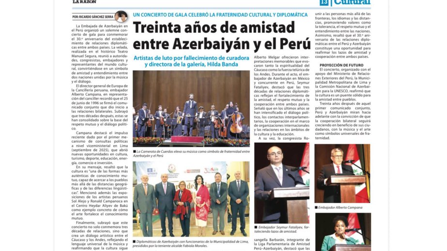 La Razon newspaper highlights 30th anniversary of Azerbaijan–Peru diplomatic relations