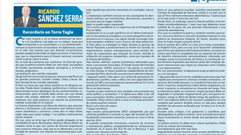 Bakı yenidən rəsmi Limanın diplomatik xəritəsində: Perunun xarici siyasətinə çağırış